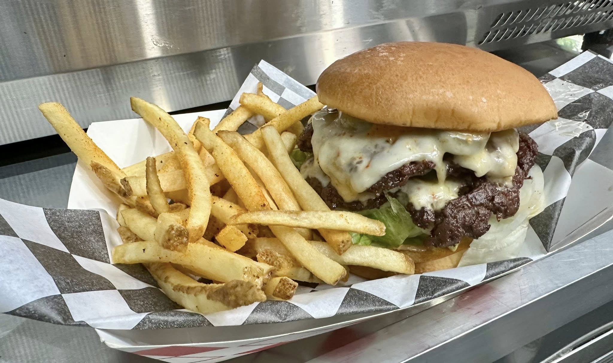 Spicy burger and fries